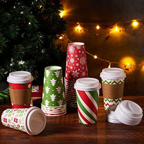 JOYIN 24 Pcs 16 oz Christmas Disposable Cups with Lids and - Product Imagery