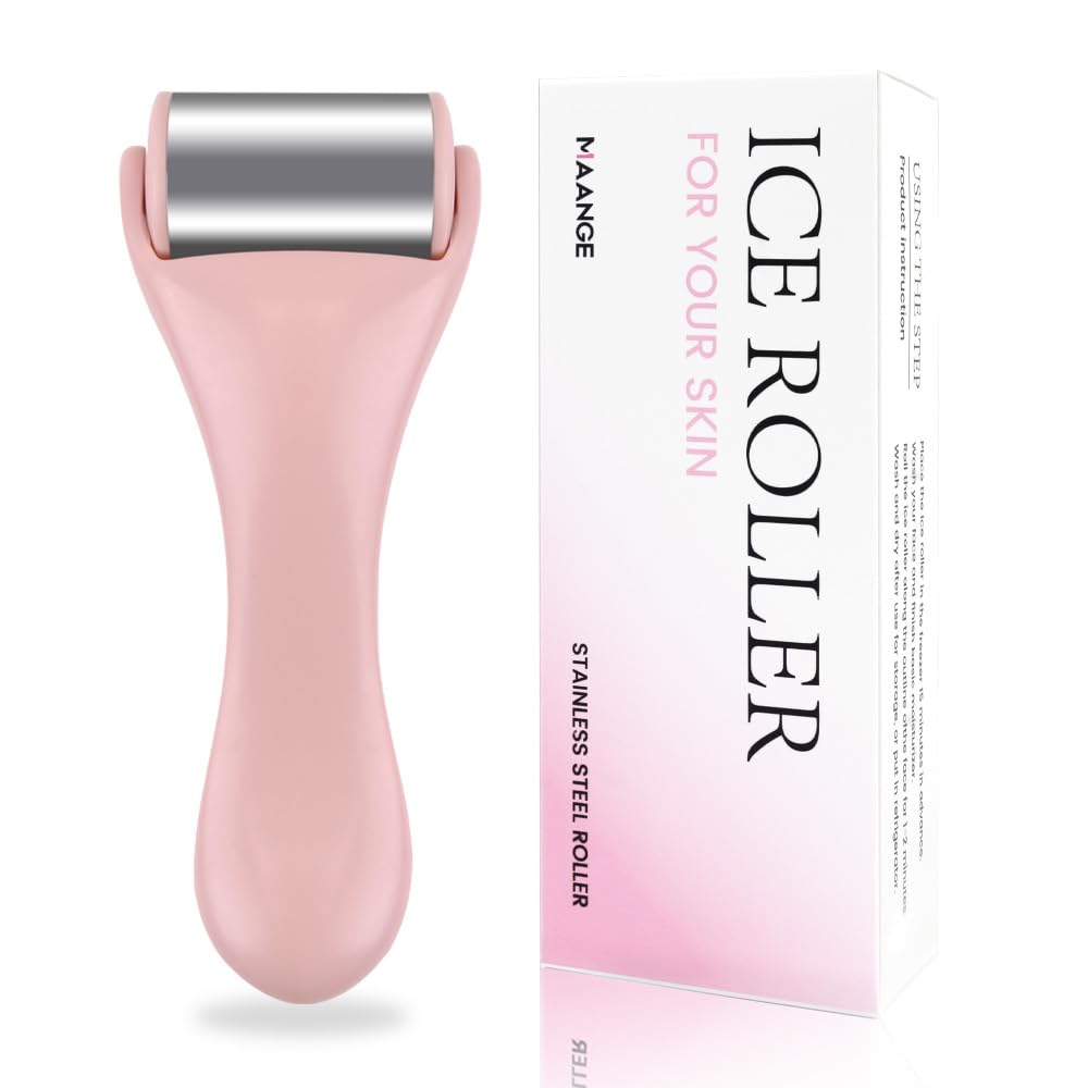 Pink MAANGE stainless steel face ice roller for beauty, showing the sleek handle and cooling roller ball in close-up.