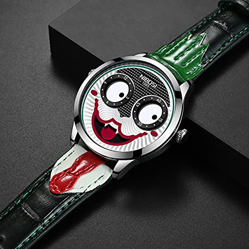 NIBOSI Men's Analog Watch, Green Red Leather Strap, Clown Dial - Product Imagery