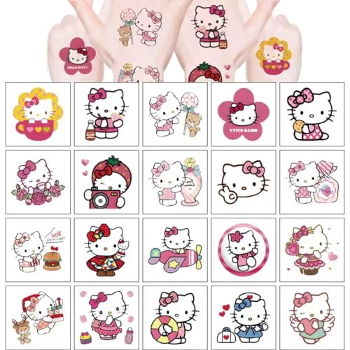 20PCS Kitty Cat Cartoon Temporary Tattoos Hello Cat Birthday - Product Imagery
