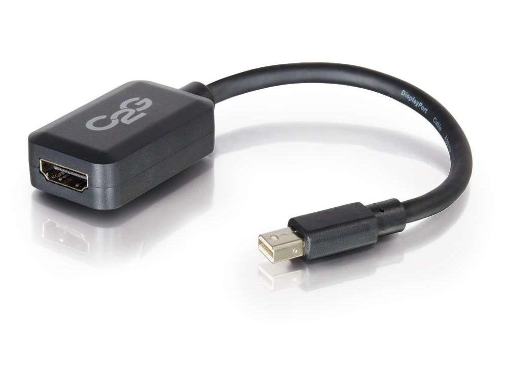 C2G Mini DisplayPort to HDMI adapter in black, 8-inch male to female electronic adapter for connecting display devices.