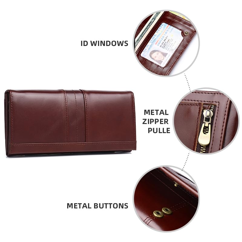FREYAMIRA RFID Blocking Wallets for Women Leather Long Ladies Wallet Bifold Womens Wallet with Coin Pocket ID Window,Coffee