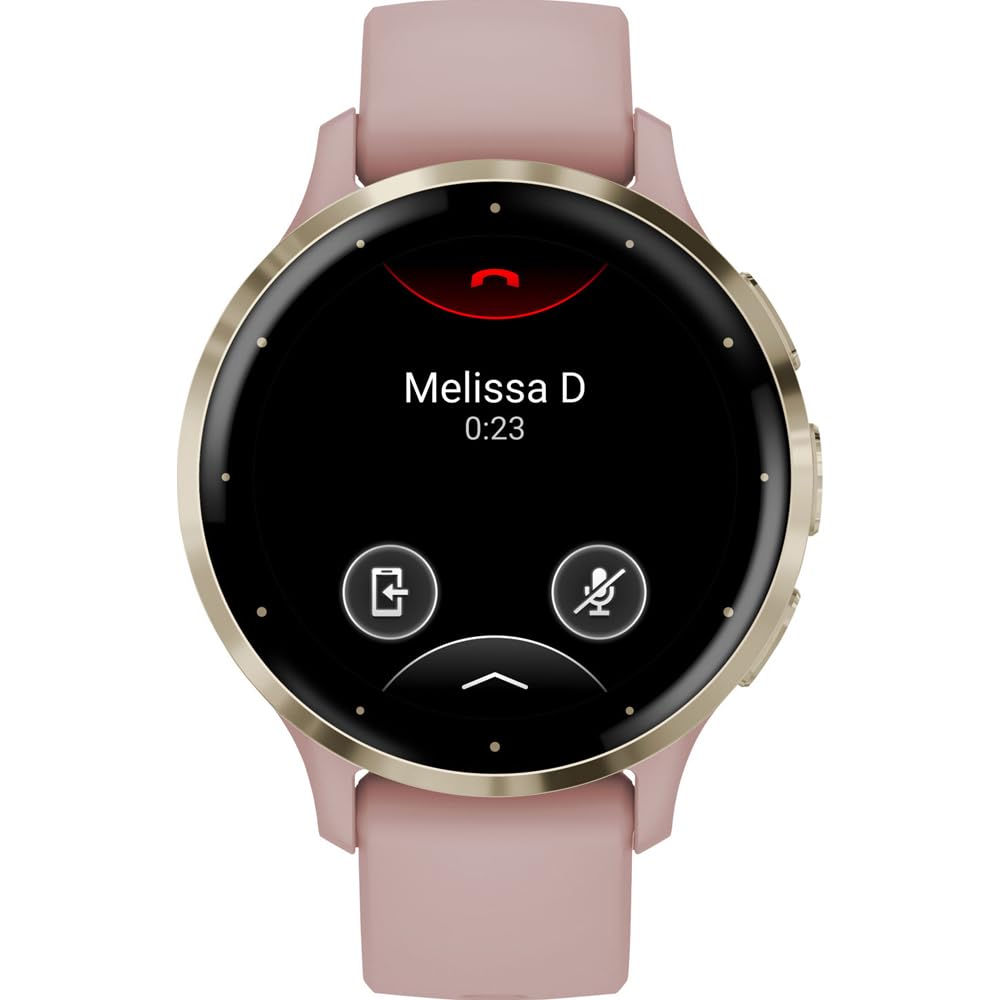 Garmin Venu 3S refurbished smartwatch with soft gold stainless steel bezel, 1.2-inch AMOLED display, rose case and band.
