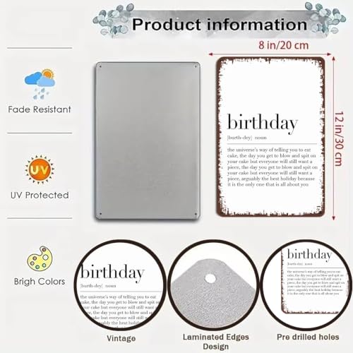 8x12 Inch Aluminum Birthday Definition Poster Wall Art, Vintage - Product Imagery
