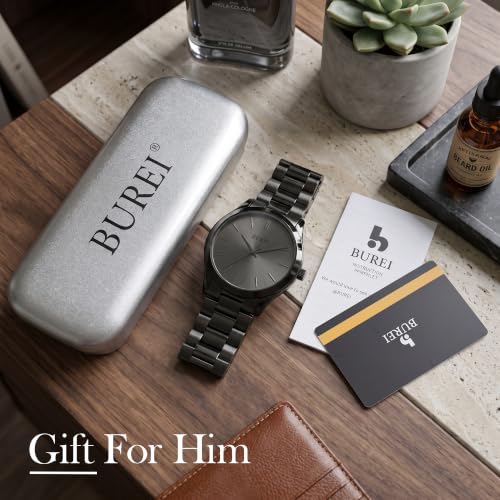 BUREI Men's Wrist Watch, Analog Stainless Steel Dress Waterproof - Product Imagery