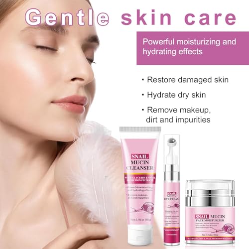 Snail Mucin Skincare Set,3 Pcs Cleanser, Eye Cream, Face Cream, - Product Imagery
