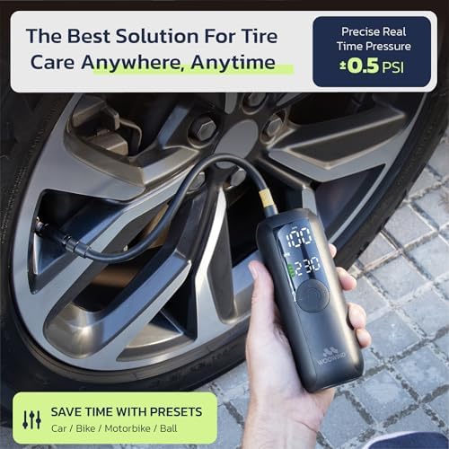 Woowind LP1 portable bike and car tire pump with digital display, compact air compressor and inflator for bikes and vehicles.
