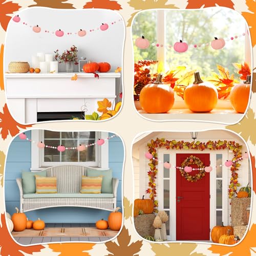 8.6FT Felt Pumpkin Garland Fall Pom Pom Banner Decorations, - Product Imagery