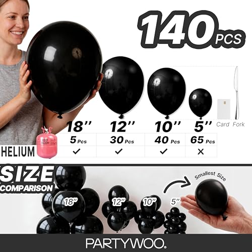 PartyWoo Black Balloons 140pcs Different Sizes of 18 12 10 5 Inch - Product Imagery