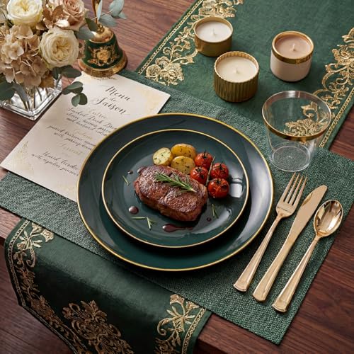 350PCS Green Plastic Plates - Disposable Green Gold Dinnerware - Product Imagery