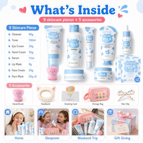 14PCS Milk Skincare Set for Kids - Skincare for Girls 10-12, - Product Imagery