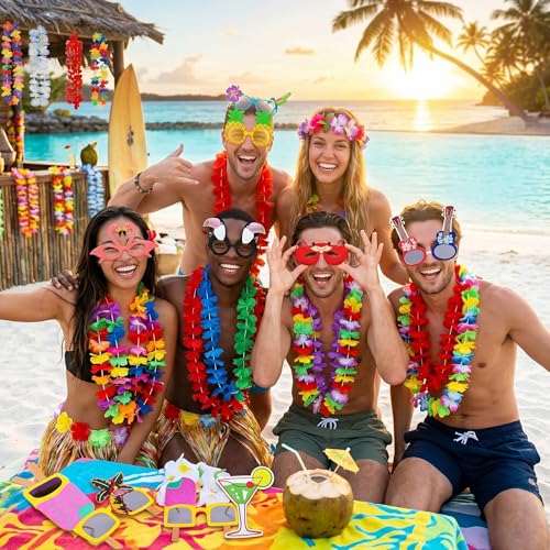JOYIN 12 Pieces Luau Party Glasses and 12 Pieces Hawaiian Leis, - Product Imagery