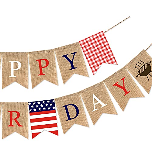 SWYOUN Burlap Happy Labor Day Banner with Grill BBQ Theme Party - Product Imagery