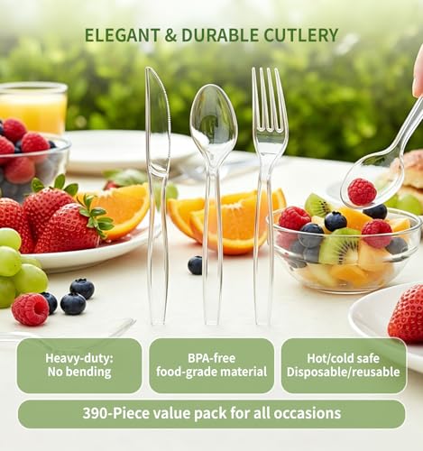 390 Count Heavy Duty Disposable Clear Plastic Cutlery Set, Bulk - Product Imagery