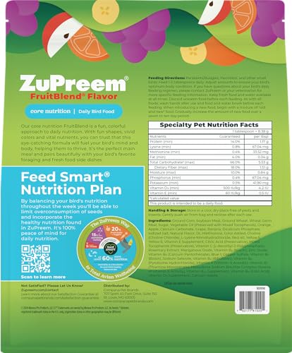 ZuPreem FruitBlend Flavor bird food packaging with nutritional information and branding details.