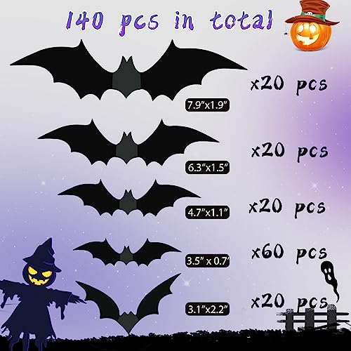 140Pcs 3D Bats Halloween Decorations Realistic PVC Wall Decor - Product Imagery