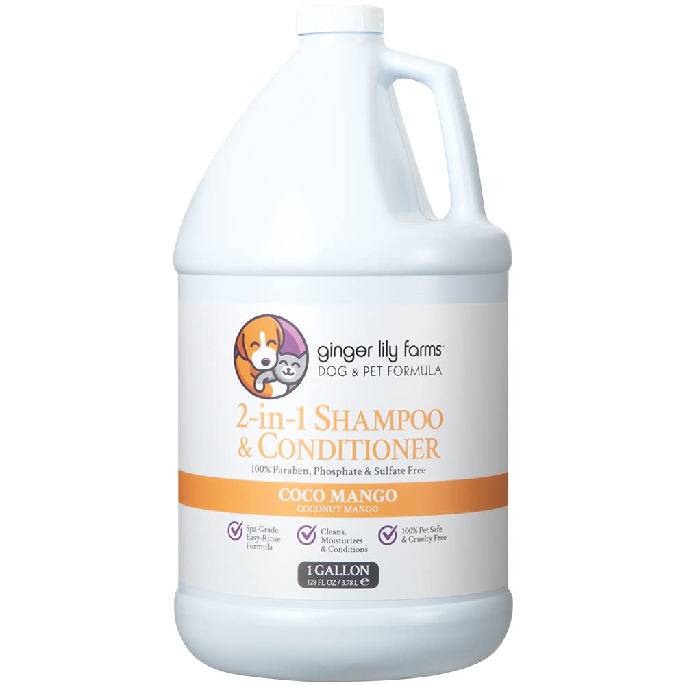 Ginger Lily Farms 2-in-1 dog and pet shampoo and conditioner bottle, 128 fl oz, with natural ingredients for clean, healthy fur.