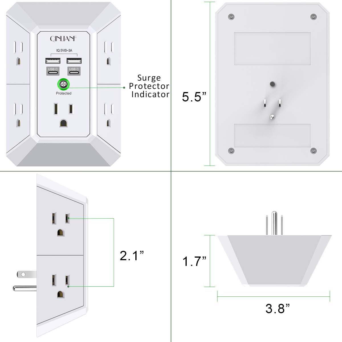 Surge Protector, QINLIANF 5 Outlet Extender with 4 USB Ports - QINLIANF Official Product View 7