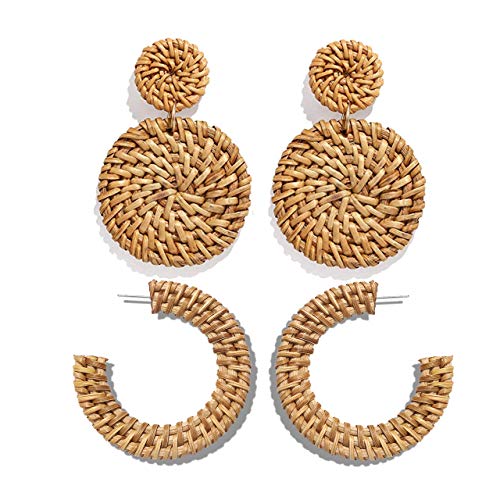 Rattan Statement Hoop Earrings - Woven Dangle Drop Earrings Set - Product Imagery