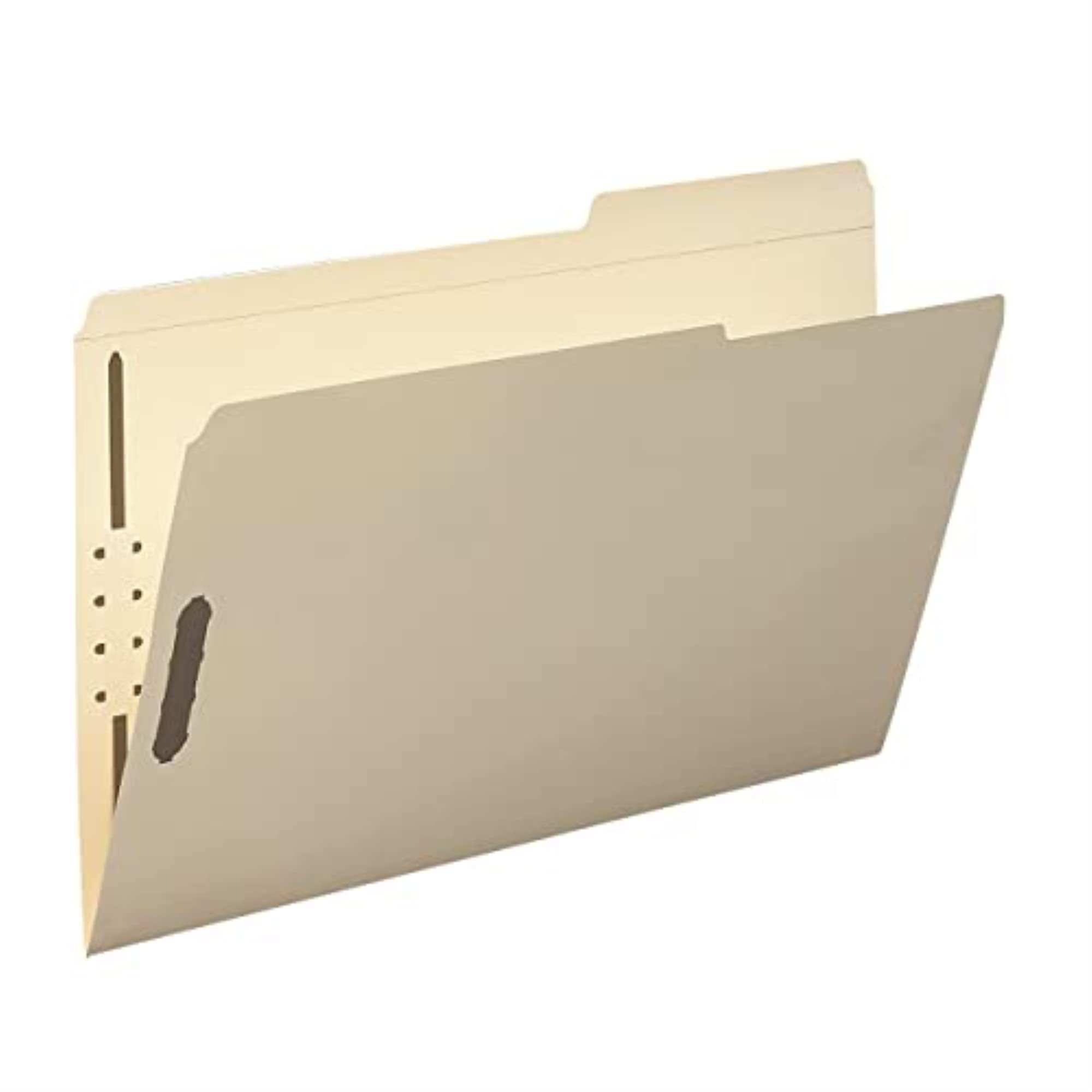 Smead 19587 reinforced legal size fastener file folder with two fasteners and 2/5-cut tab for organized filing.