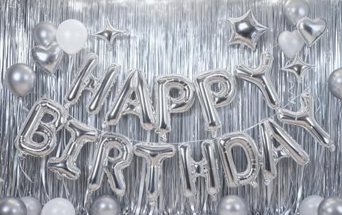 Silver Happy Birthday Balloons Banner Sign Mylar letter Party - Product Imagery