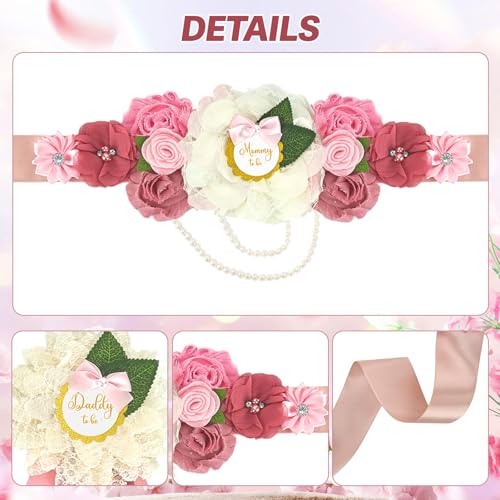 Baby Shower Sash Set Mom to Be Sash Dad to Be Pin Flower Belt - Product Imagery