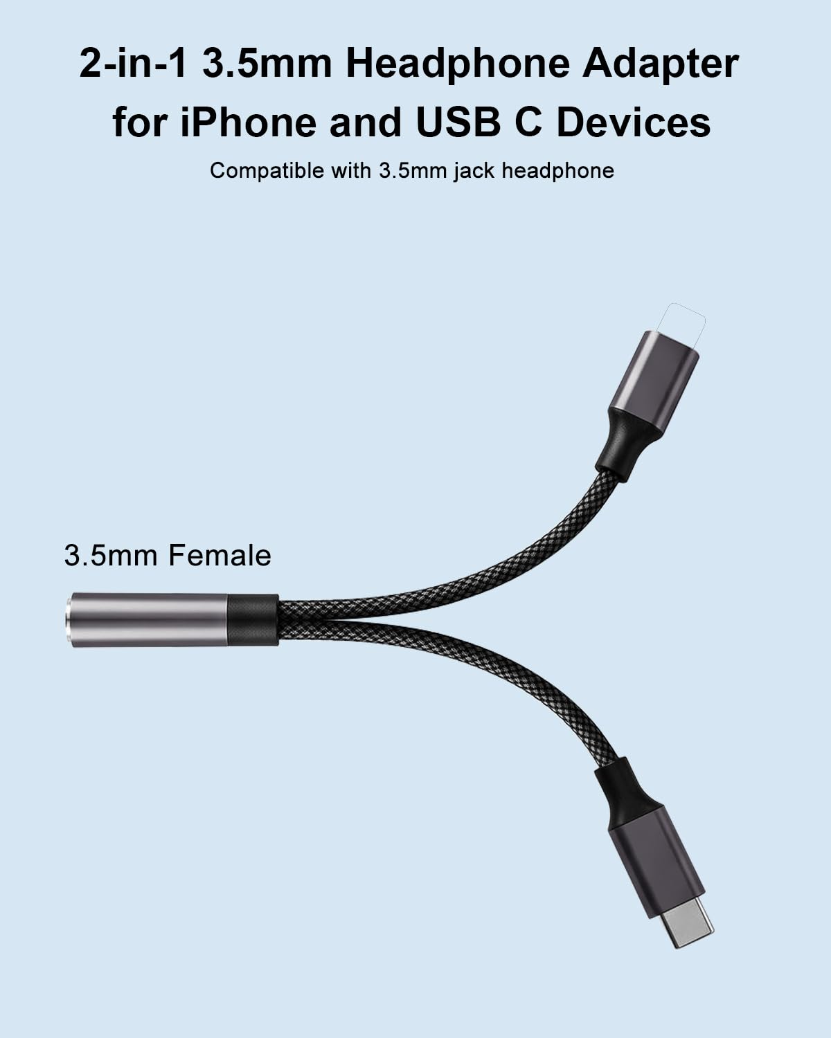 AreMe 2-in-1 Headphone Adapter for Lightning & USB C to 3.5mm Aud by AreMe - Angle View 2