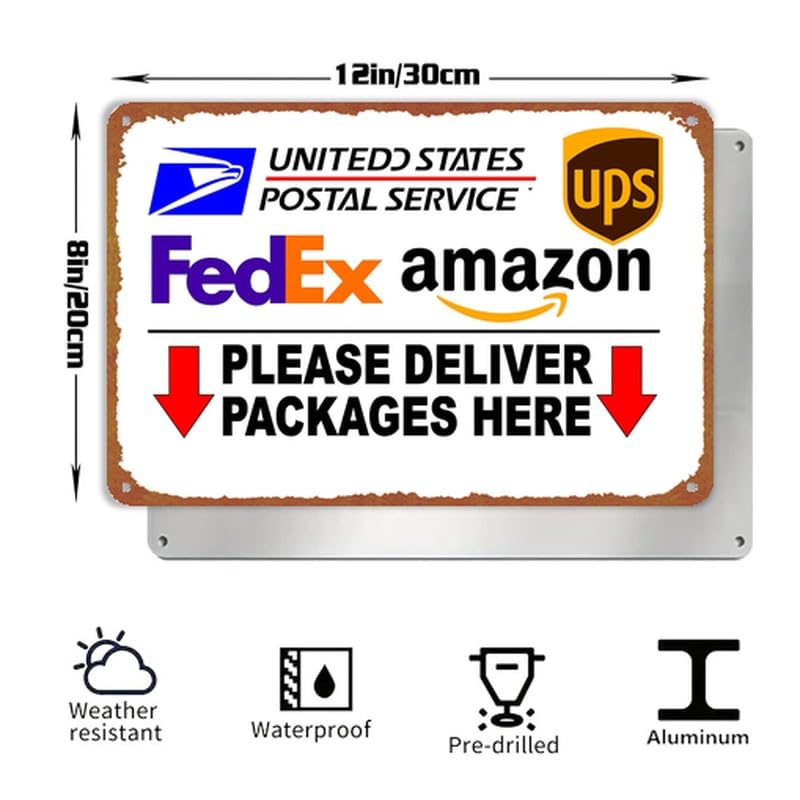 Vintage Delivery Packages Here Print Metal Sign 8x12 Inch - Product Imagery