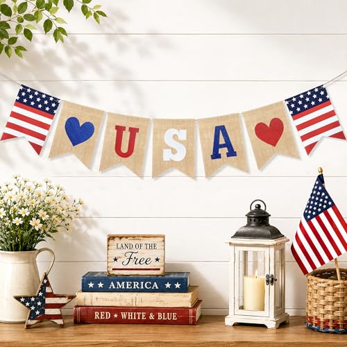 Uniwish USA Banner Burlap Bunting 4th of July Decorations - Product Imagery