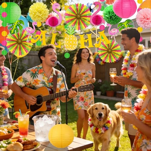 Luau Party Decorations Paper Fans Lanterns Set - Product Imagery
