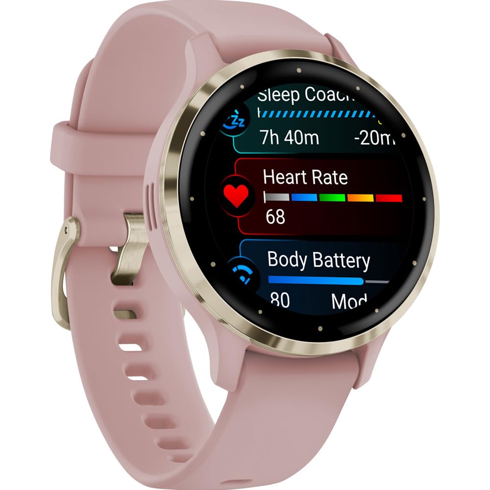 Garmin Venu 3S refurbished smartwatch with soft gold stainless steel bezel, 1.2-inch AMOLED display, 41mm rose case, and band.