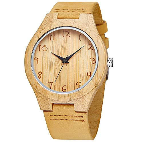 Tiong Men's Quartz Wooden Watch, Square Dial Leather Strap, - Product Imagery