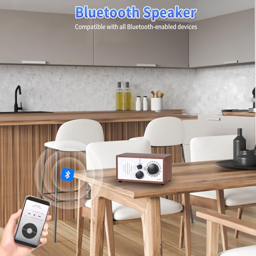 Vintage Wood AM FM Bluetooth Speaker Radio Plug in Wall, Elegant - Product Imagery