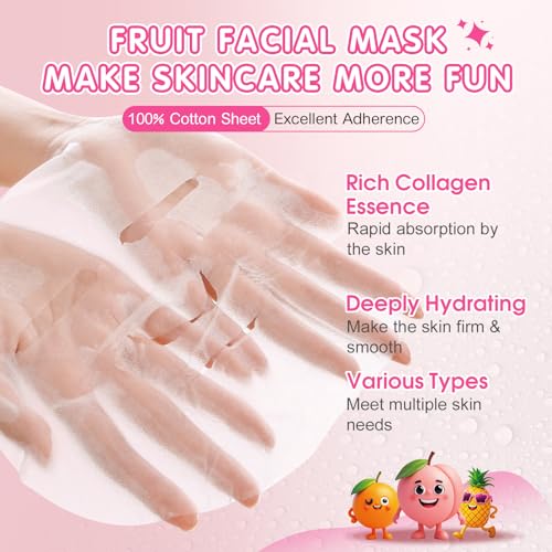 14 Pack Fruit Face Masks Skincare for Kids, Sheet Hydrating - Product Imagery