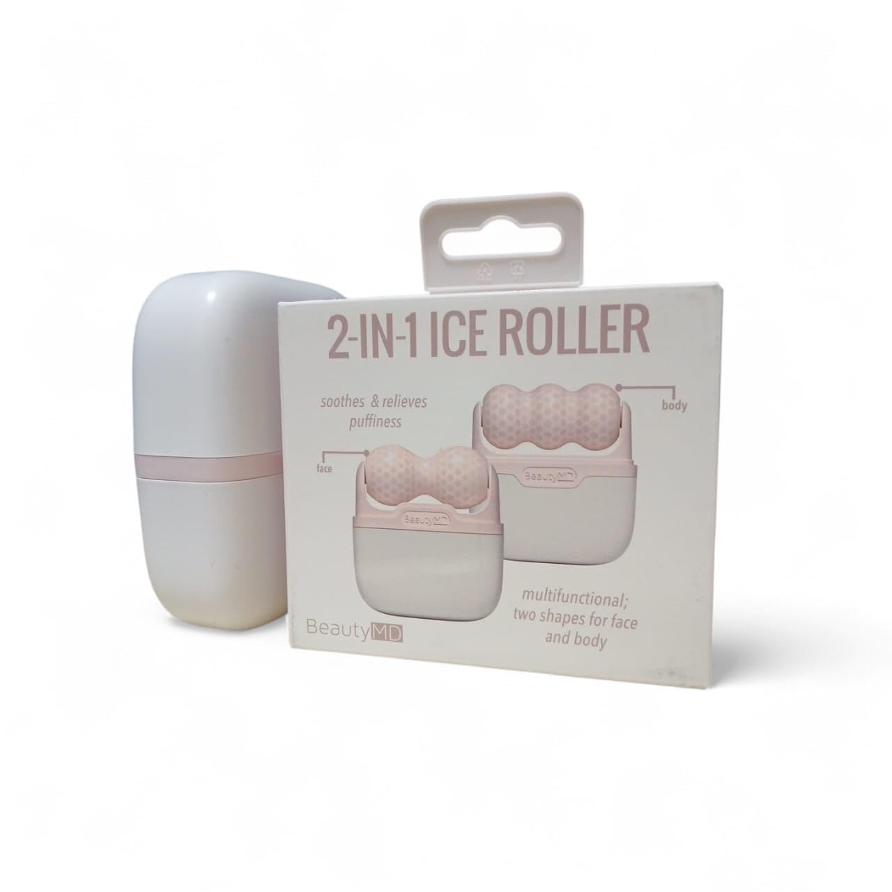 BeautyMD 2-in-1 Ice Roller face and body massager in porcelain rose, featuring smooth ceramic surface for cooling massage therapy.