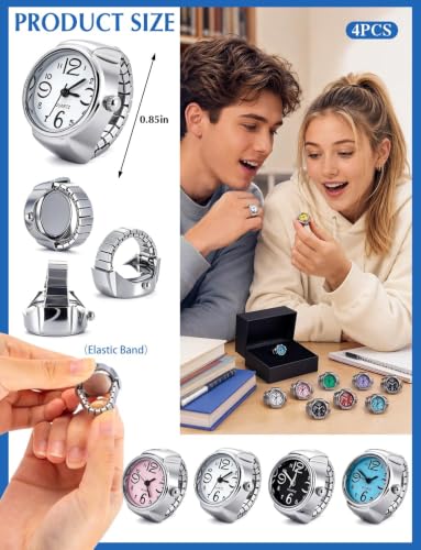 4Pcs Ring Watch for Women Men, Elastic Adjustable Finger Watch - Product Imagery