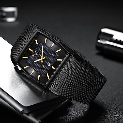NIBOSI Men's Analog Watch, Square Dial Mesh Strap, Date Display - Product Imagery