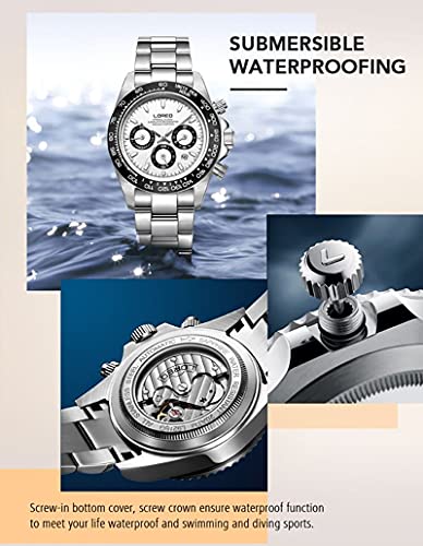 LOREO Mens Automatic Watch Silver Stainless Steel Sapphire Glass - Product Imagery