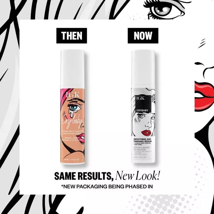 IGK Crybaby Smoothing & Finishing Serum bottle with high shine and frizz control, displayed on a neutral background.