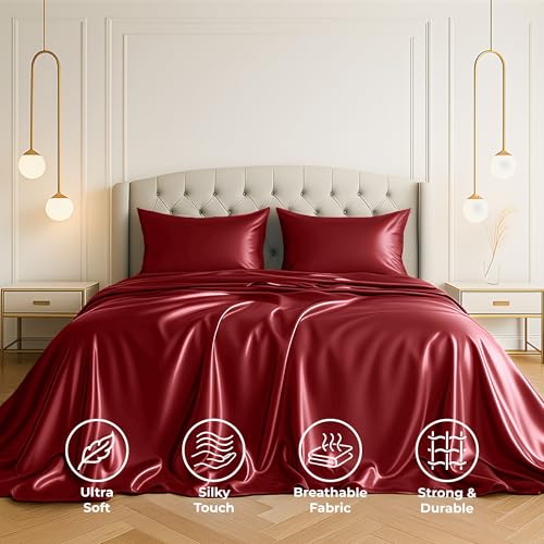 Satin Sheets Twin [3-Piece, Burgundy] Hotel Luxury Silky Bed - Product Imagery
