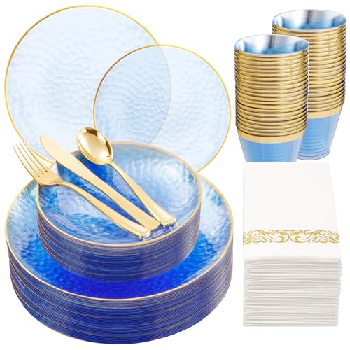 175 Pcs Plastic Dinnerware Set (25 Guests), Blue Disposable - Product Imagery