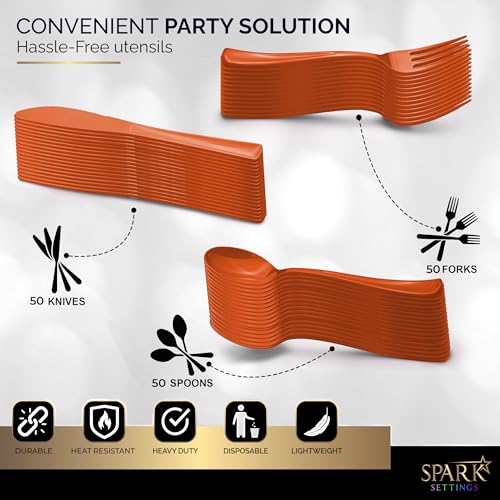 150 Pack Plastic Silverware Heavy Duty, Orange Disposable - Product Imagery