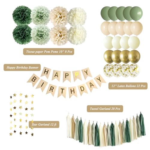 ANSOMO Sage Green Happy Birthday Party Decorations Retro Green - Product Imagery
