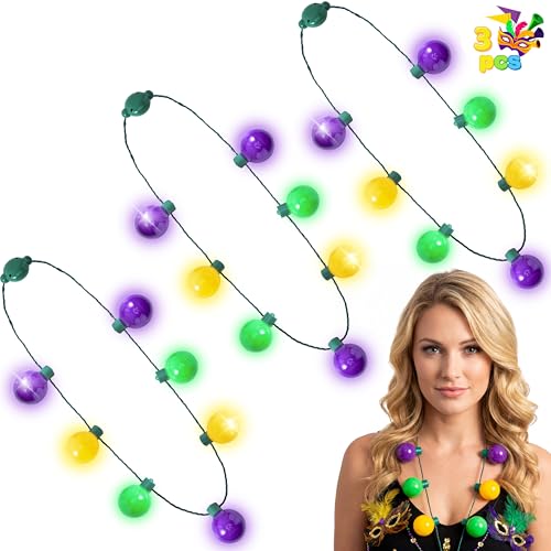 JOYIN 3 PCS Mardi Gras LED Bulb Necklace, Purple, Green, Gold - Product Imagery