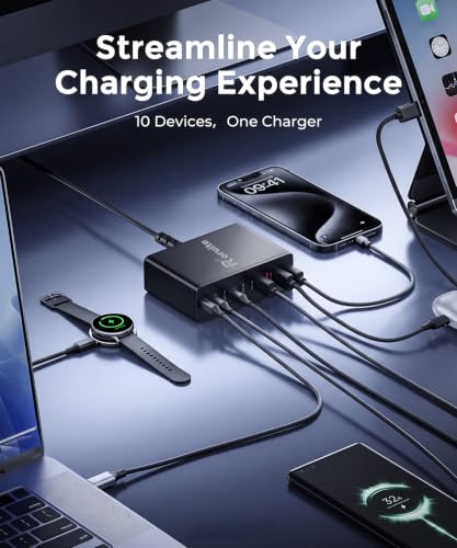 Roruite USB C Charging Station 10 Port with 4 Cables,245W GaN - Roruite