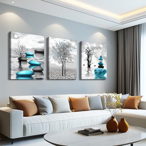 Three-piece abstract wall art set by DZRWUBHS featuring modern canvas artworks with stone-inspired designs for living room decor.