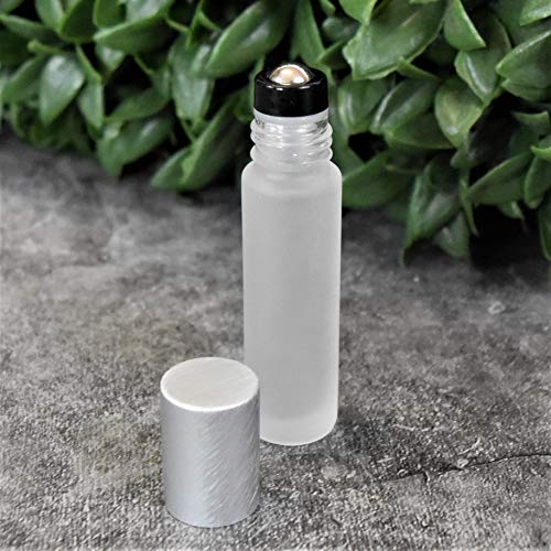 12-Pack Frosted Clear Glass Roller Bottles with Brushed Silver - Product Imagery