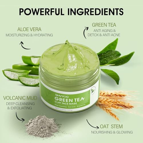 SHVYOG Green Tea Face Mask, Antioxidant Green Tea Clay Mask with - Product Imagery