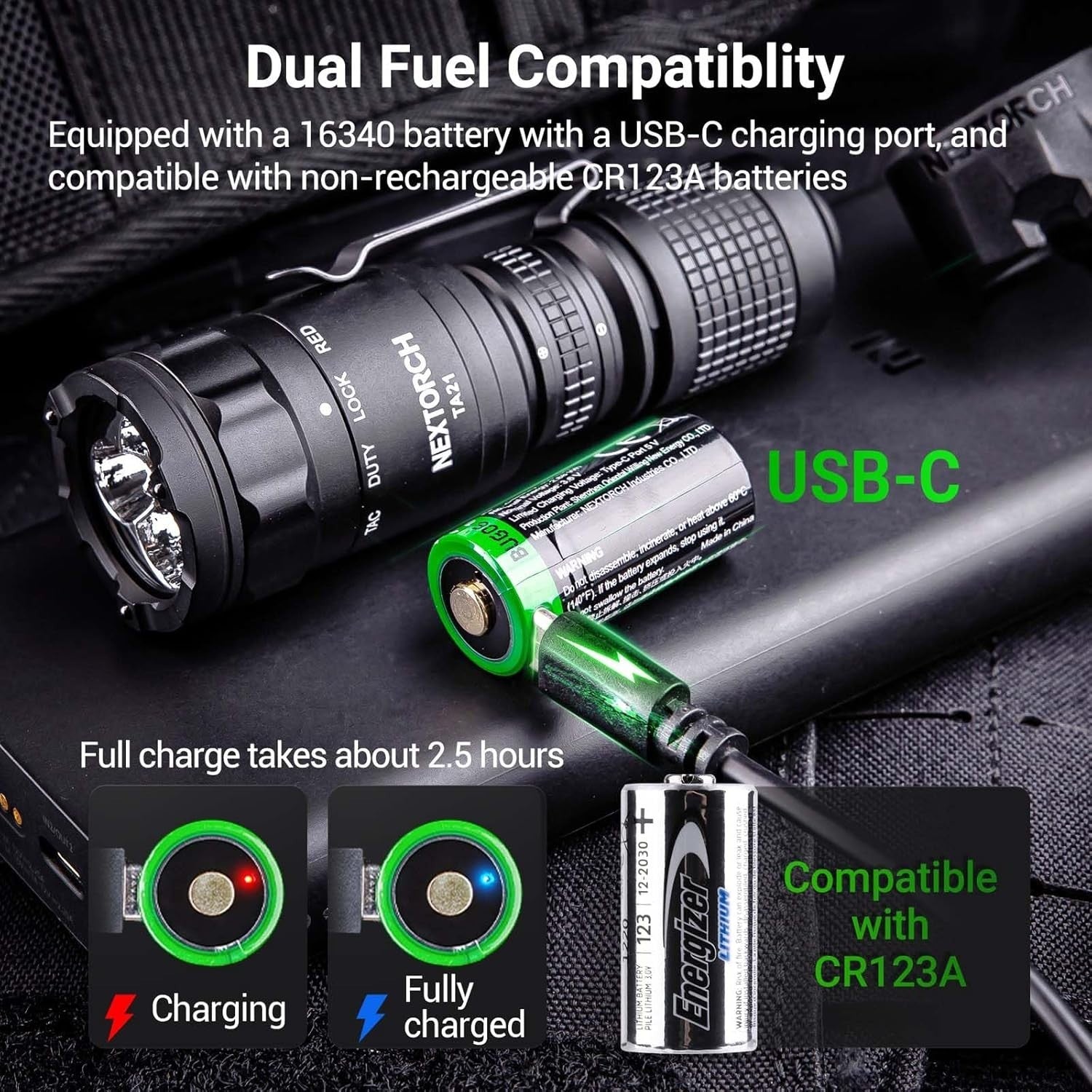 NEXTORCH TA21 tactical flashlight with high lumens, featuring white and red light modes in a compact, durable design.