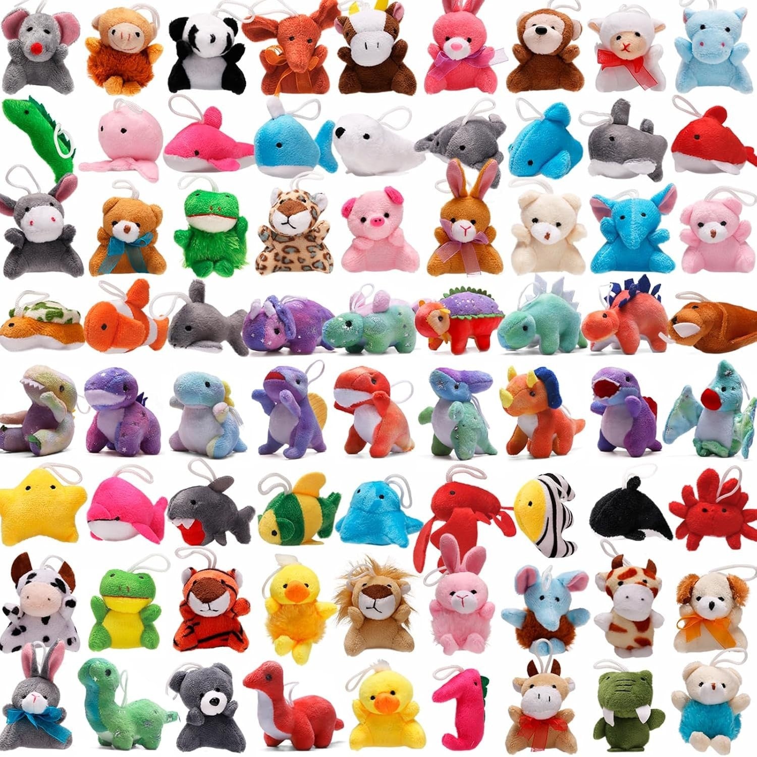 Set of 72 Uzoxlsn mini plush stuffed animals including dinosaurs, zoo animals, and ocean creatures for party favors and gifts.